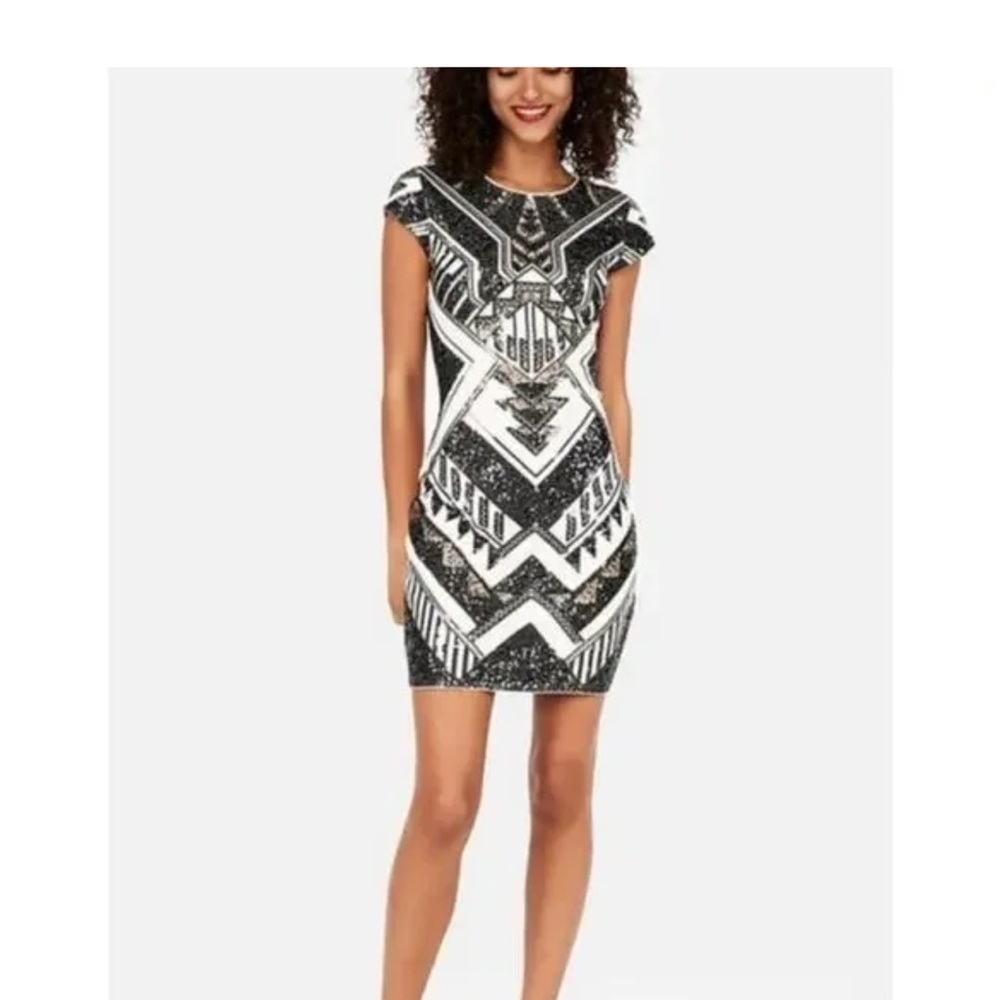 EXPRESS Women Deco Sequin Aztec Black Gold Cap Sleeve Cotton Sheath Dress Small